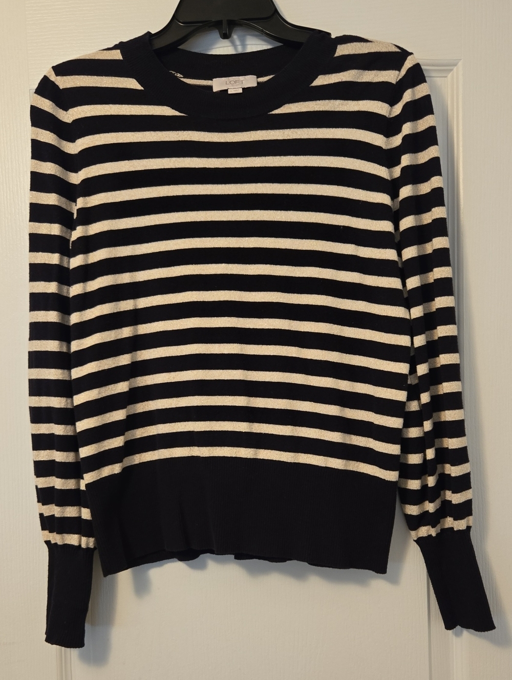2/$20 LOFT Black and Gold Striped Crewneck Sweater, Medium